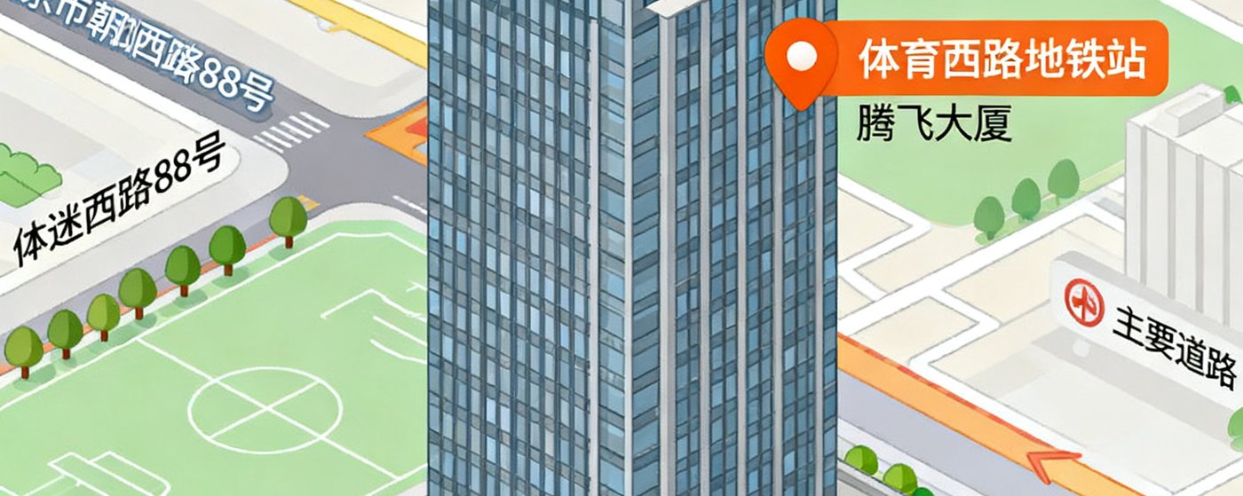 北京市朝阳区体育西路88号腾飞大厦的Google地图位置展示，标注了球迷网办公室所在建筑及周边地铁站和主要道路