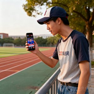 一位22岁的大学生球迷王同学，戴着棒球帽，在校园操场边用手机观看球迷网直播
